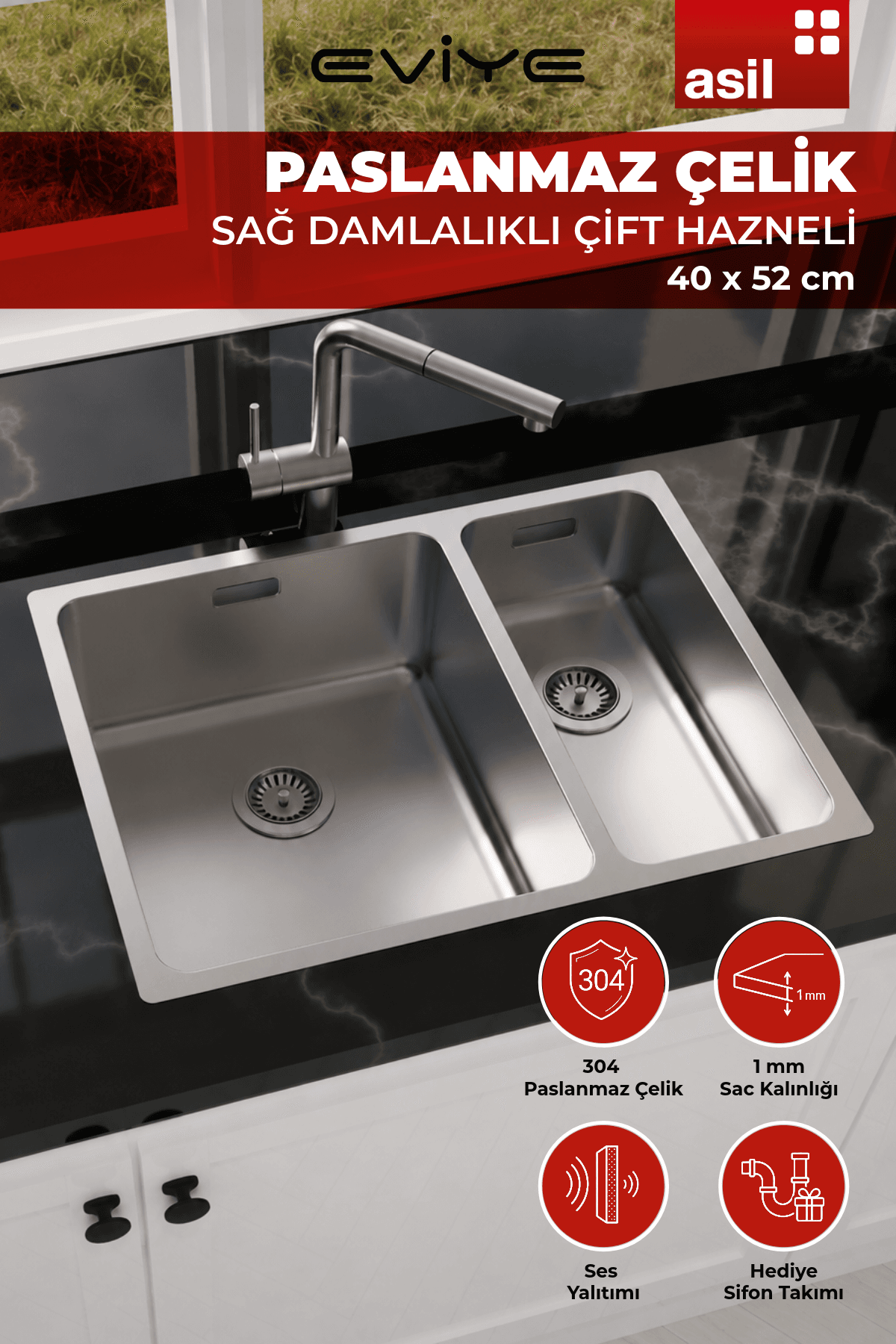 44x58 Sağ -AS368R Paslanmaz Çelik Mutfak Eviyesi - 1.5 Göz, Sifonlu