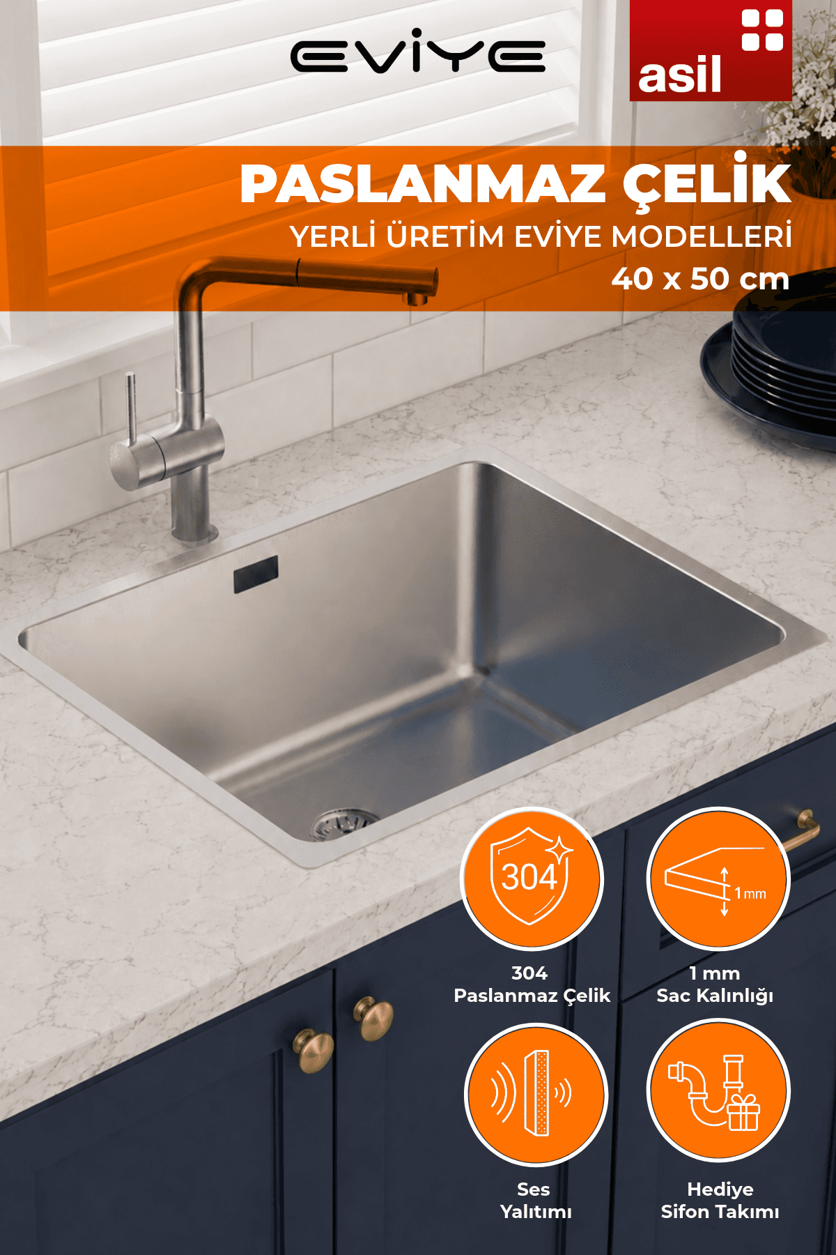 AS356 Paslanmaz Çelik Mutfak Eviyesi. 1 MM - Sifonlu - 40x50 CM