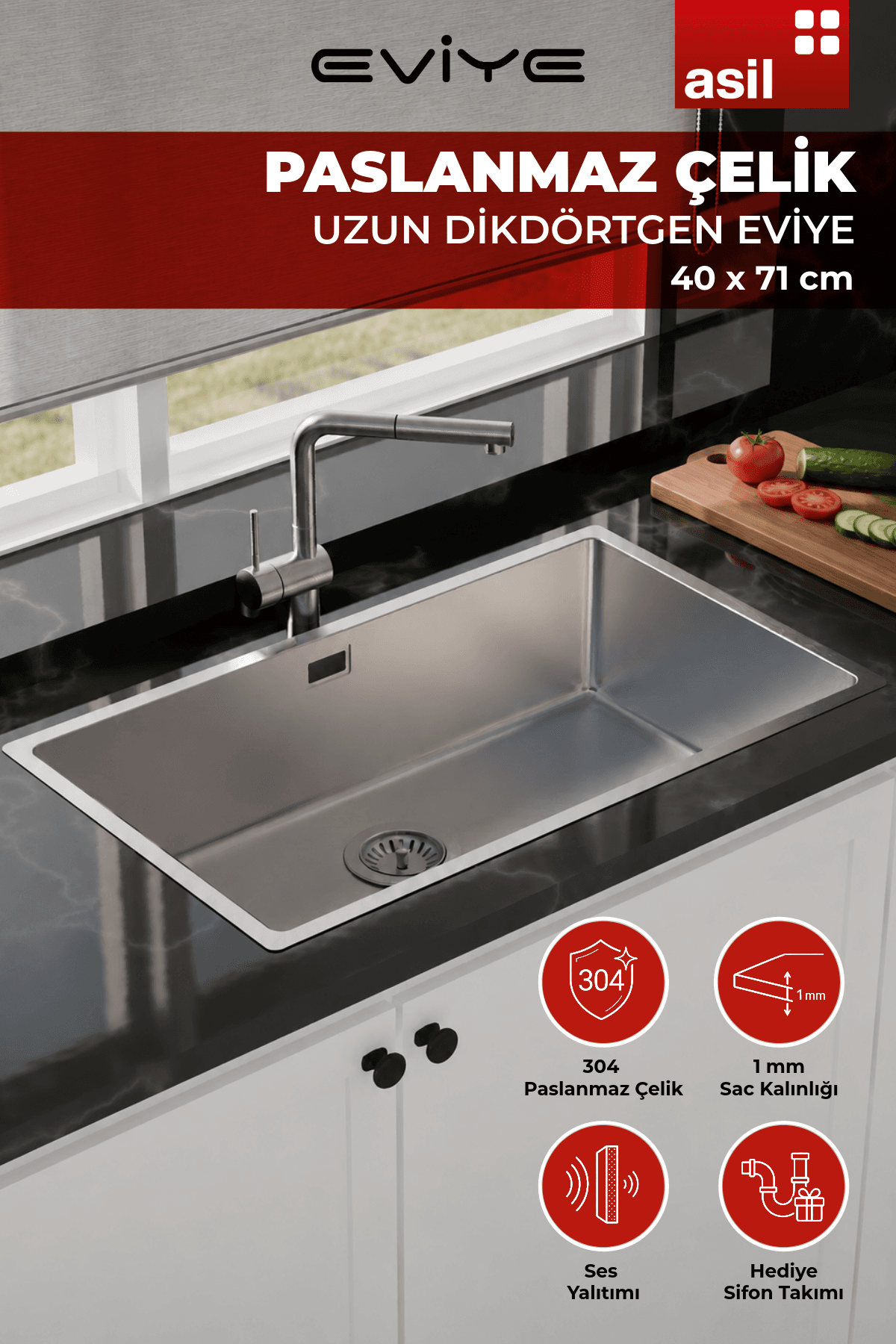 AS 299 Paslanma Çelik Eviye - 40 X 71 CM Tezgah Üstü