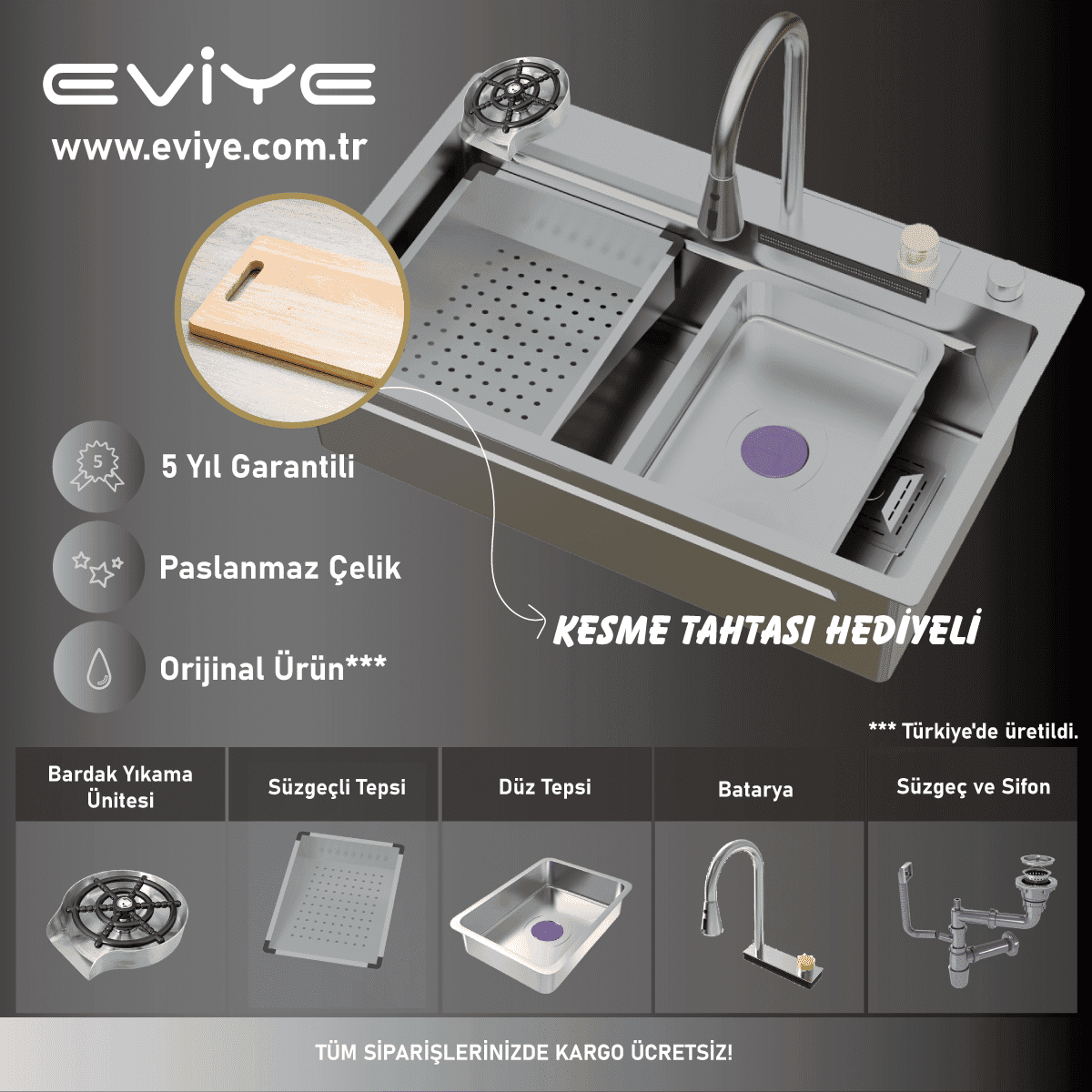 Akıllı mutfak eviyesi krom renk 5 yıl garanti