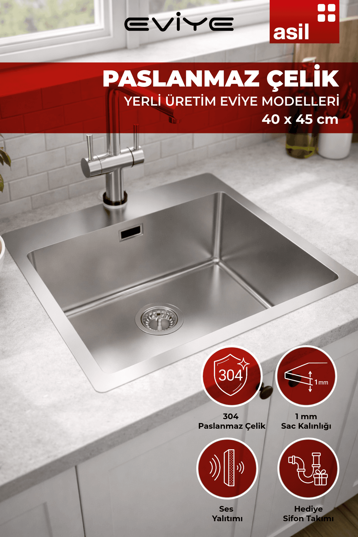As 382  Paslanmaz Çelik Eviye -1 MM - 40x45 CM