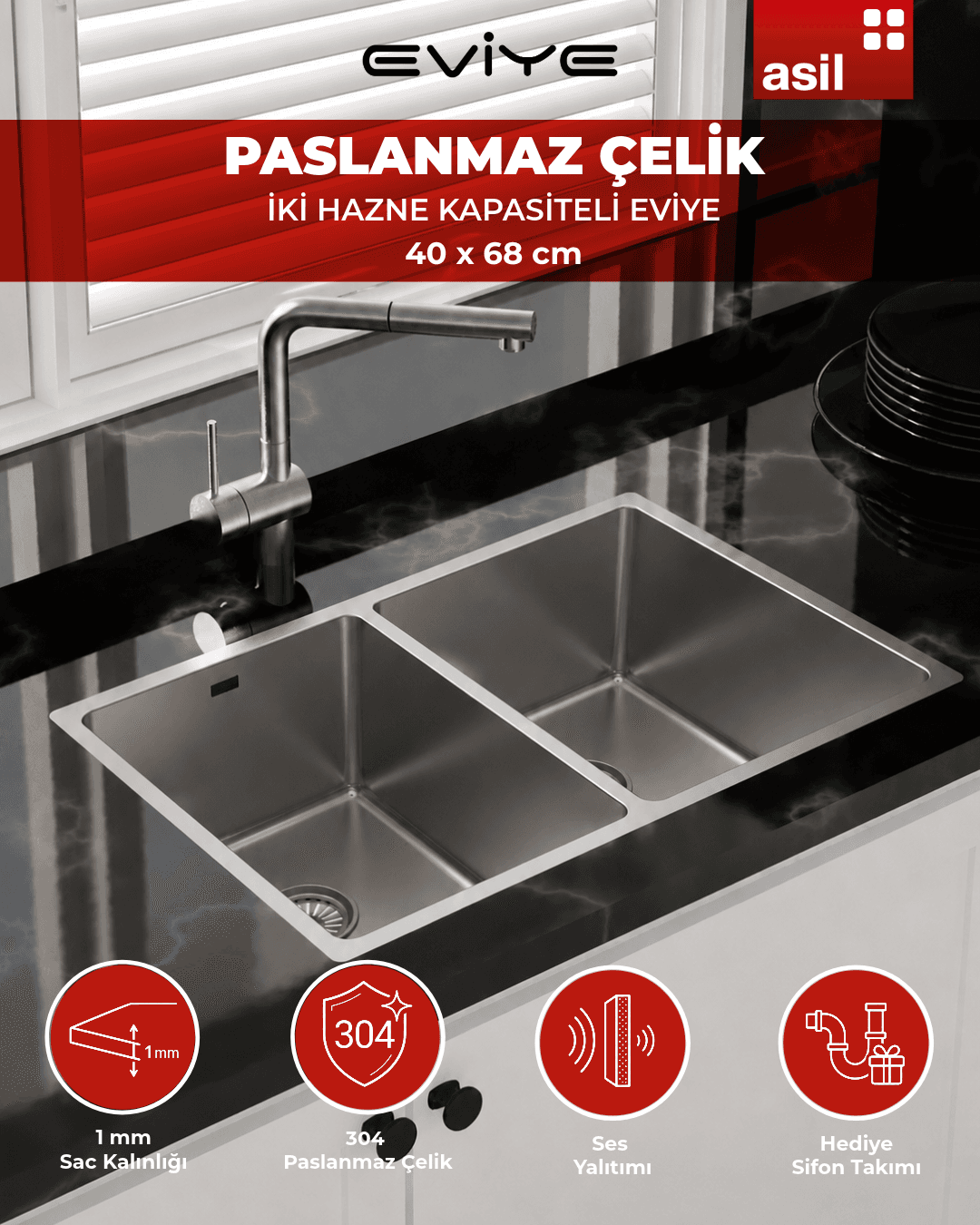 AS370 Paslanmaz Çelik Mutfak Eviyesi. Çift Gözlü, Sifonlu, Ölçü 44 x 74 CM