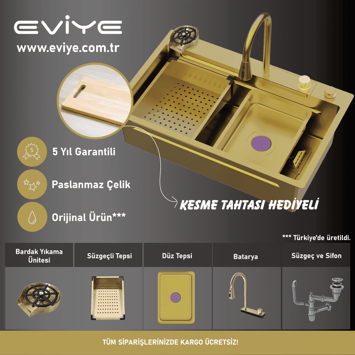 Şelale Tasarımlı Akıllı Eviye As 3541 75×45 cm Gold